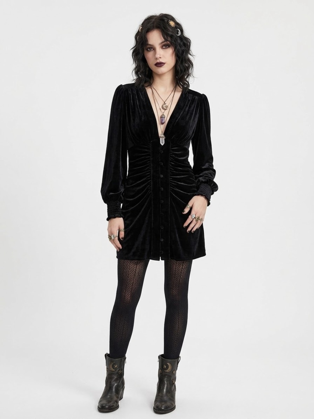Zara Whimsigoth Black Velvet Button Down Mini Dress Witchy Vampirecore Ruched